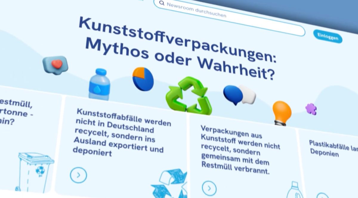 Screenshot des Newsroom-Artikels auf sicherverpackt.de mit dem Titel „Kunststoffverpackungen: Mythos oder Wahrheit?“ und Infokarten zu Recycling-Mythen rund um Kunststoffabfälle.