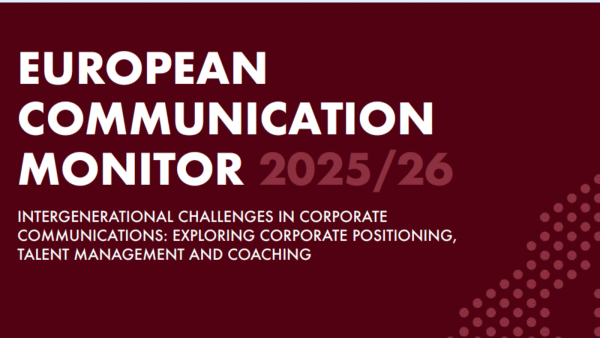 Titelseite des European Communication Monitor 2025/26 in dunkelrotem Design. Der Untertitel lautet: ‚Intergenerational Challenges in Corporate Communications: Exploring Corporate Positioning, Talent Management and Coaching‘.