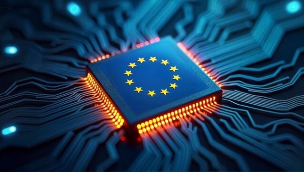 Symbolischer Mikrochip mit der Flagge der Europäischen Union in der Mitte, umgeben von leuchtenden Leiterbahnen, die technologische Innovation und digitale Infrastruktur darstellen.