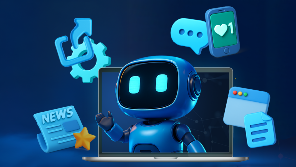 Ein Symbolbild für GEO. Ein Roboter schaut aus einem Laptop auf verschiedene Icons, die unterschiedlichen Content darstellen.